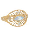 14K and Marquise Moonstone "Eye" Cut-Out Ring with Princess Cut Diamonds & Pave Crescent Details - Peridot Fine Jewelry - Celine Daoust