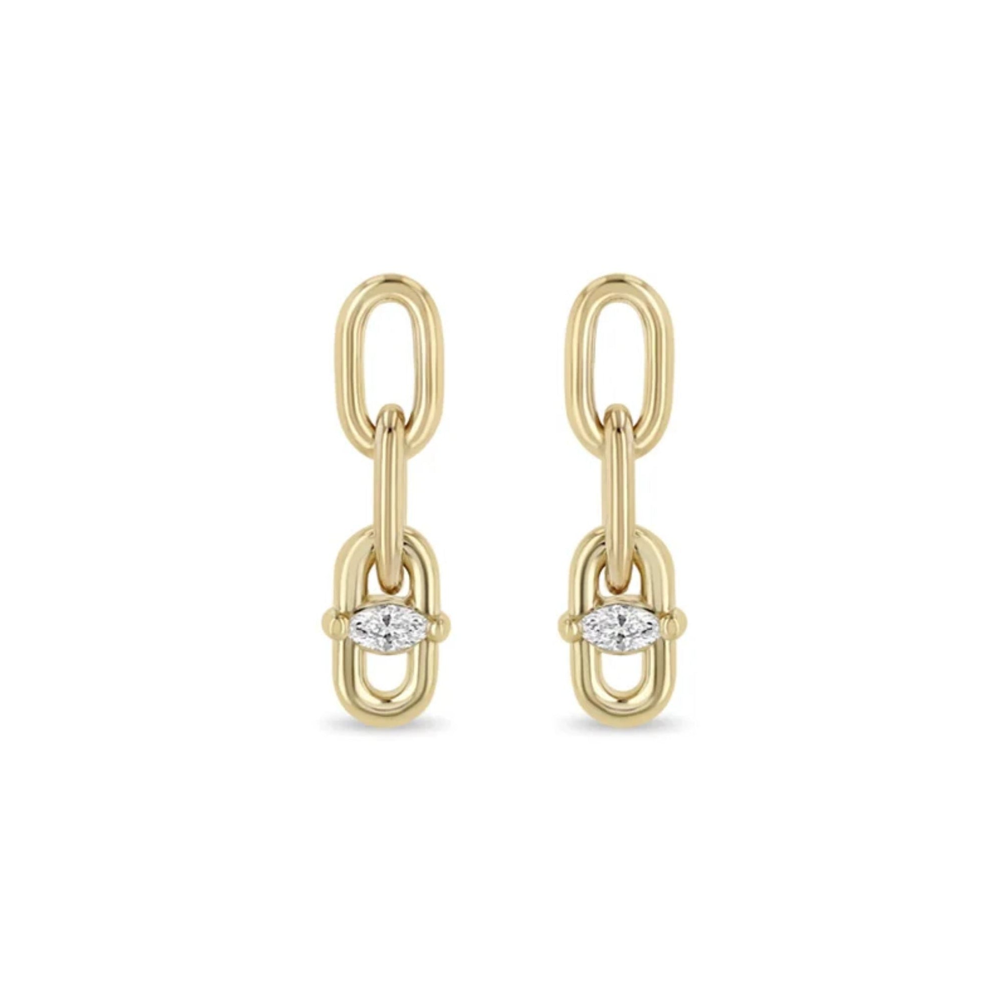 14K Gold Medium Square Oval Link Drop Earrings wIth Single Marquise Diamond - Peridot Fine Jewelry - Zoe Chicco