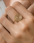 14K Infinity Plate Ring with Center Diamond Circled by Three Diamond Pave Halos - Peridot Fine Jewelry - Celine Daoust