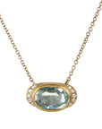 18K Gold Bezel - Set Horizontal Oval Emerald Pendant Necklace with Diamond Details - Peridot Fine Jewelry - Annie Fensterstock