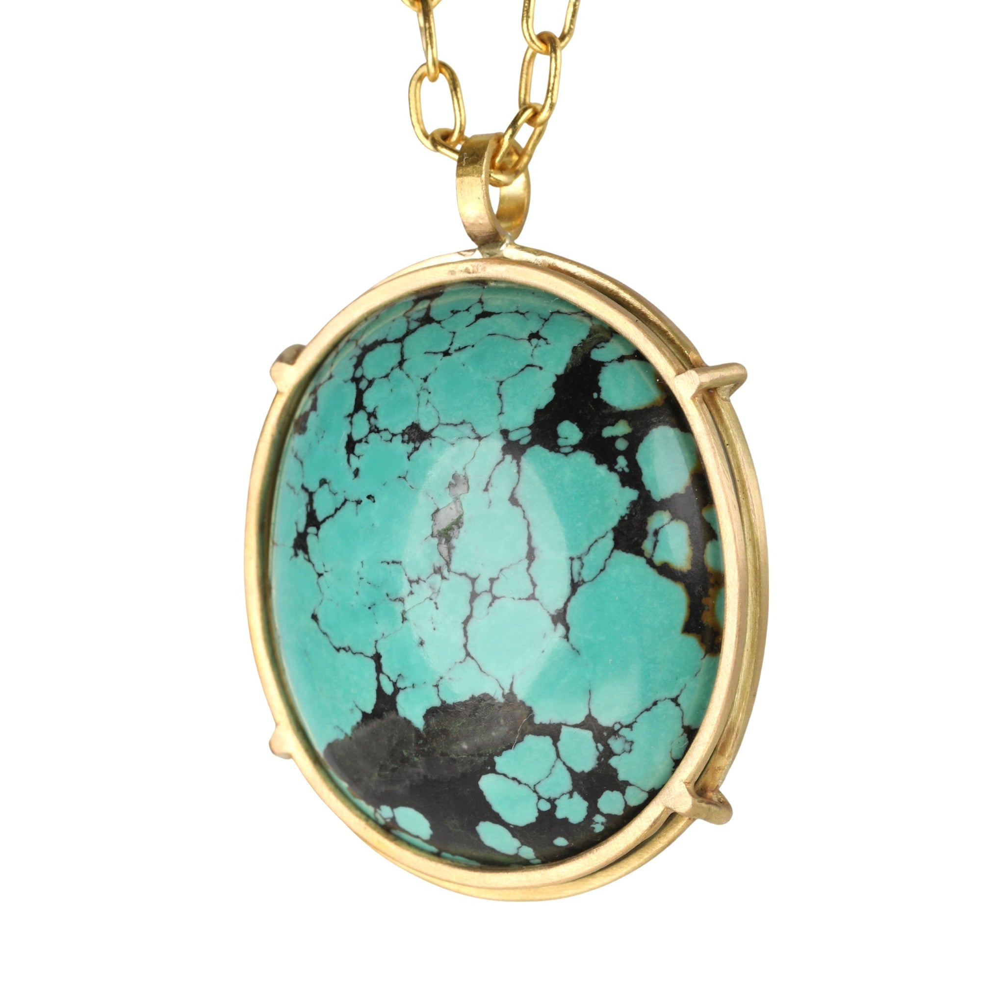18K Gold &quot;Cage-Set&quot; Oval Turquoise Pendant - Peridot Fine Jewelry - Rosanne Pugliese