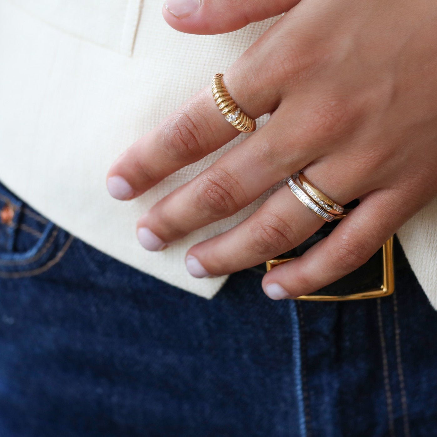 Lizzie Mandler 18K Gold Fluted Crescent Ring with Pave Diamond Row