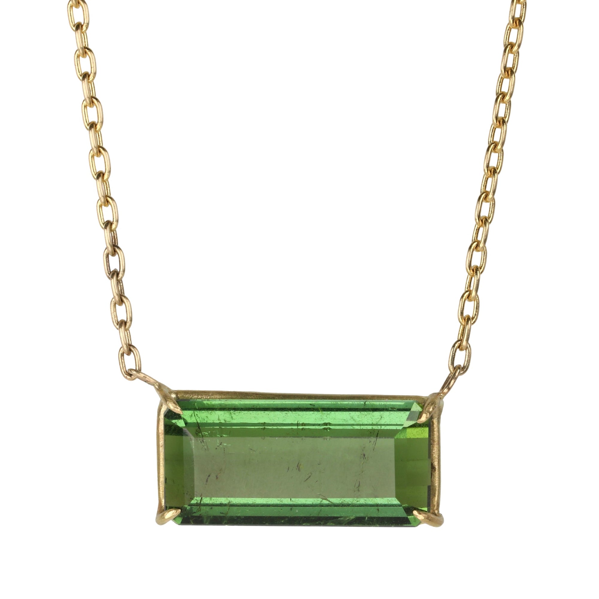 18K Gold Prong-Set Green Tourmaline Bar Necklace - Peridot Fine Jewelry - Rosanne Pugliese
