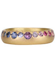 18K Gold Rounded Band with a Row of Varying - Sized Ombre Pink, Purple & Blue Sapphires - Peridot Fine Jewelry - Annie Fensterstock