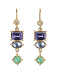 18K Gold Triple Drop Earrings with Tanzanites, Blue Sapphires, and Emeralds - Peridot Fine Jewelry - Annie Fensterstock