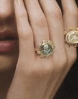 18K & Grey Mother of Pearl "Rosebud Caspian" Ring with Half-Moon Diamond Halo - Peridot Fine Jewelry - Renna