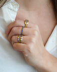 20K Chunky Curved Signet Ring with Three Star - Set Blue Sapphires - Peridot Fine Jewelry - Caroline Ellen