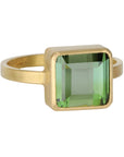 22K Bezel - Set Emerald Cut Cube Green Tourmaline Ring - Peridot Fine Jewelry - Rosanne Pugliese
