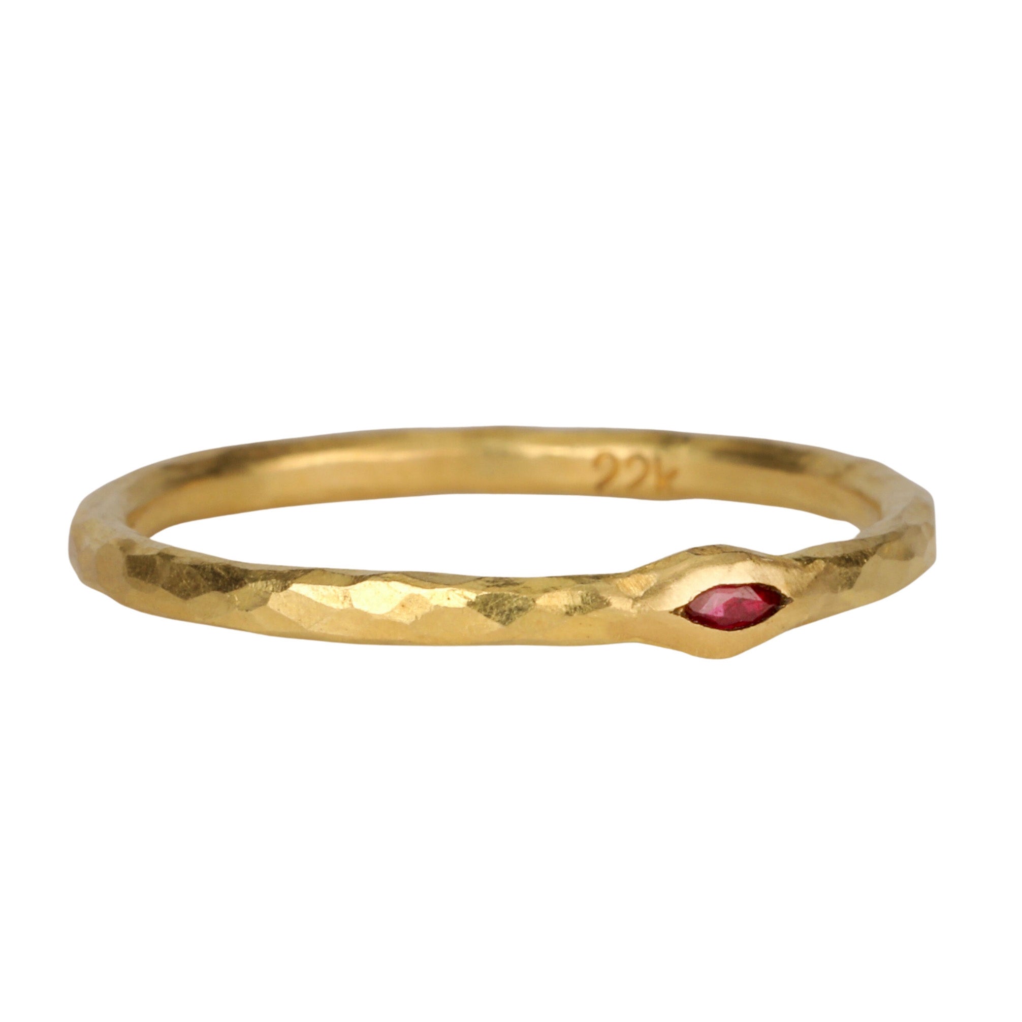 22K Gold Thin Hammered Band with Marquise Ruby - Peridot Fine Jewelry - Cathy Waterman