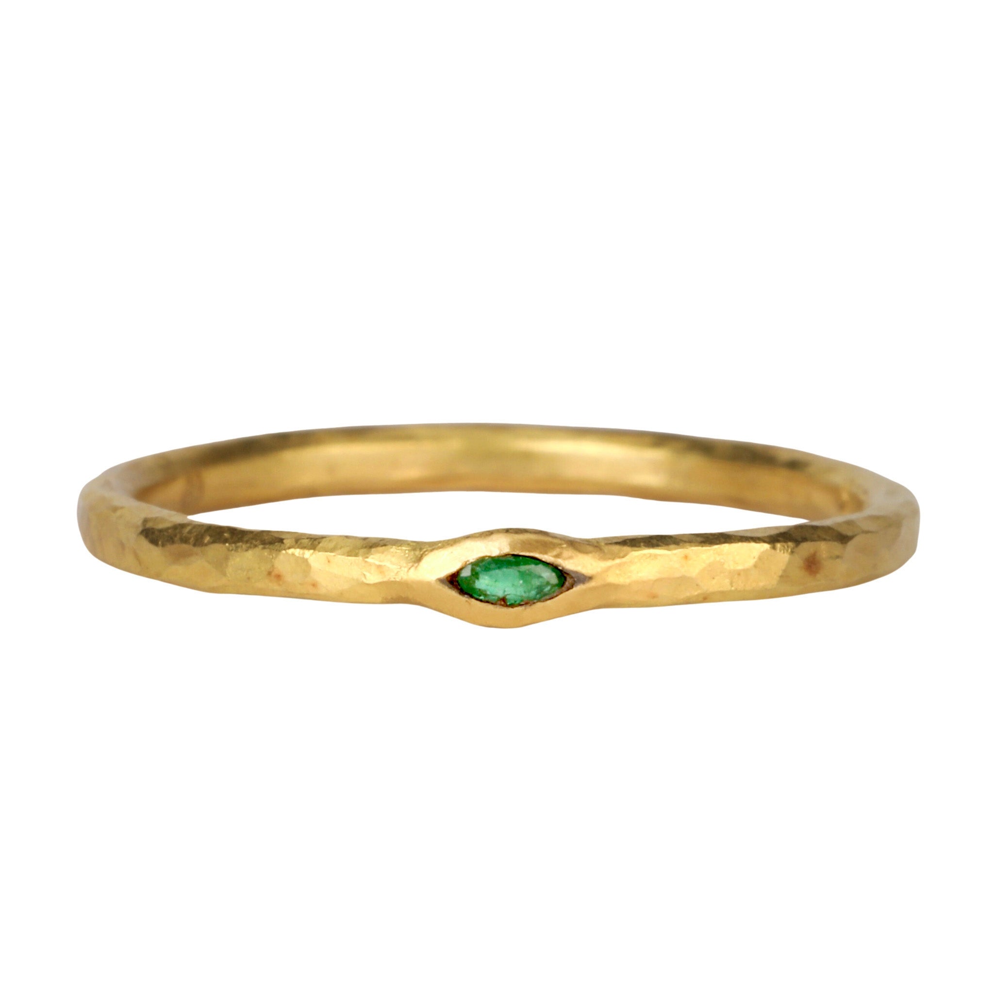 22K Gold Thin Hammered Band with Marquise Emerald - Peridot Fine Jewelry - Cathy Waterman