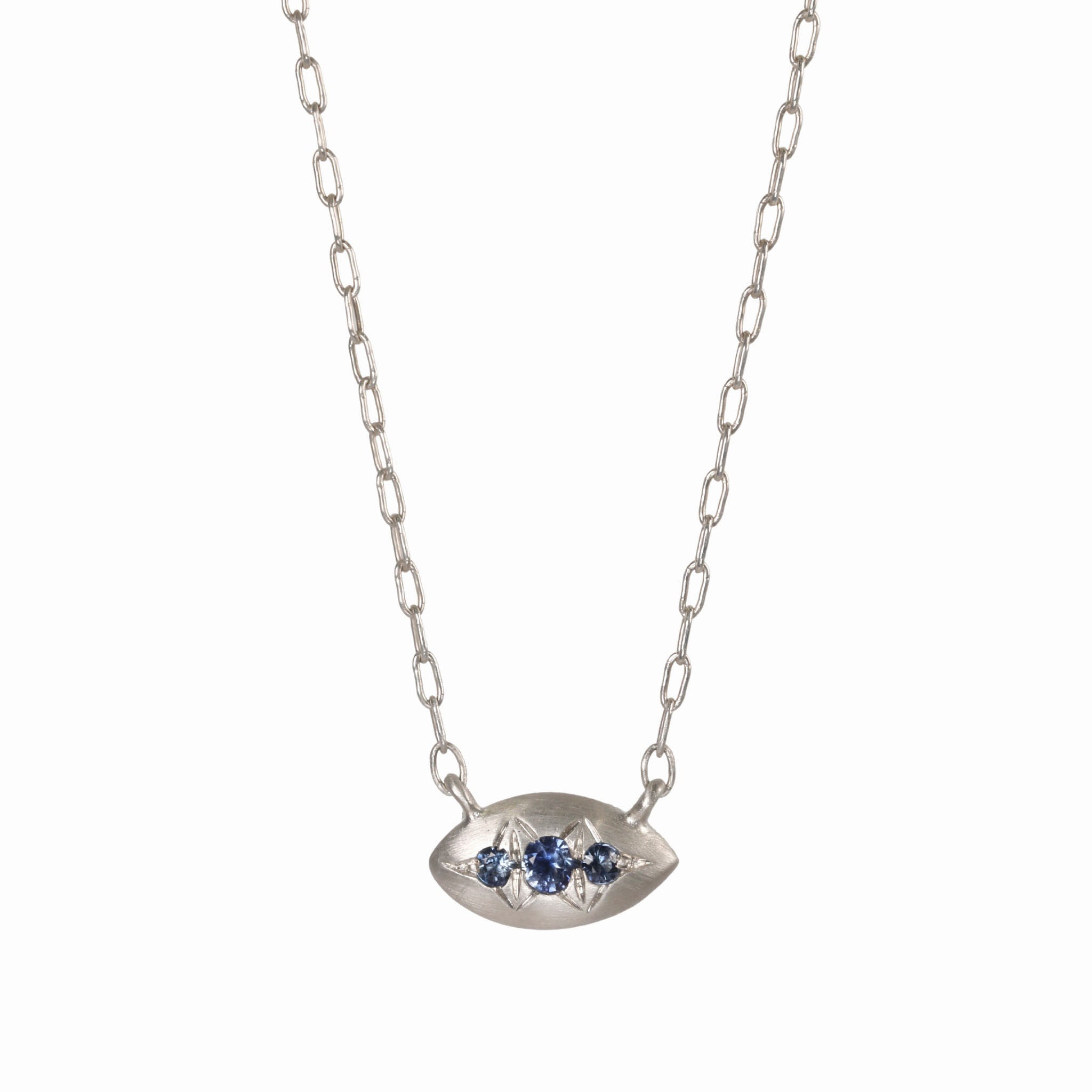 Sterling Silver Elongated Oval Disc Necklace With Three Star-Set Blue Sapphires