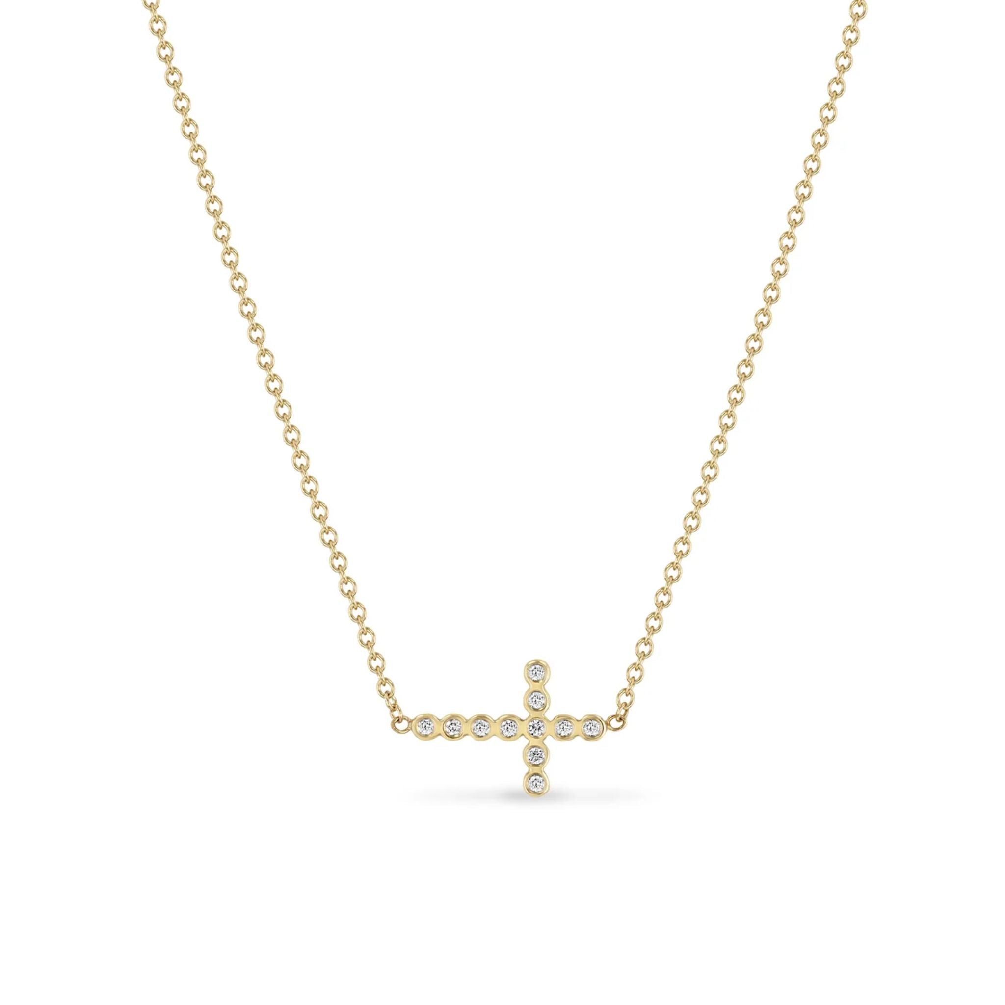 Zoe Chicco 14K Gold Horizontal Fixed Bezel-Set Diamond Cross