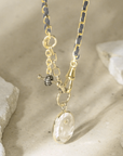Vermeil Heavy Rectangular Link Chain & Grey Silk Woven Necklace with Engraved Rock Crystal Medallion Pendant
