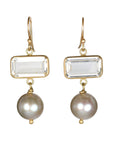 18K & 14K East-West Emerald-Cut White Topaz Earrings with Silver Pearl Drops