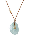 Faceted Oval Aquamarine Pendant Necklace with 18K Bezel - Set Teardrop Diamond Detail on Brown Cord - Peridot Fine Jewelry - Margaret Solow Jewelry