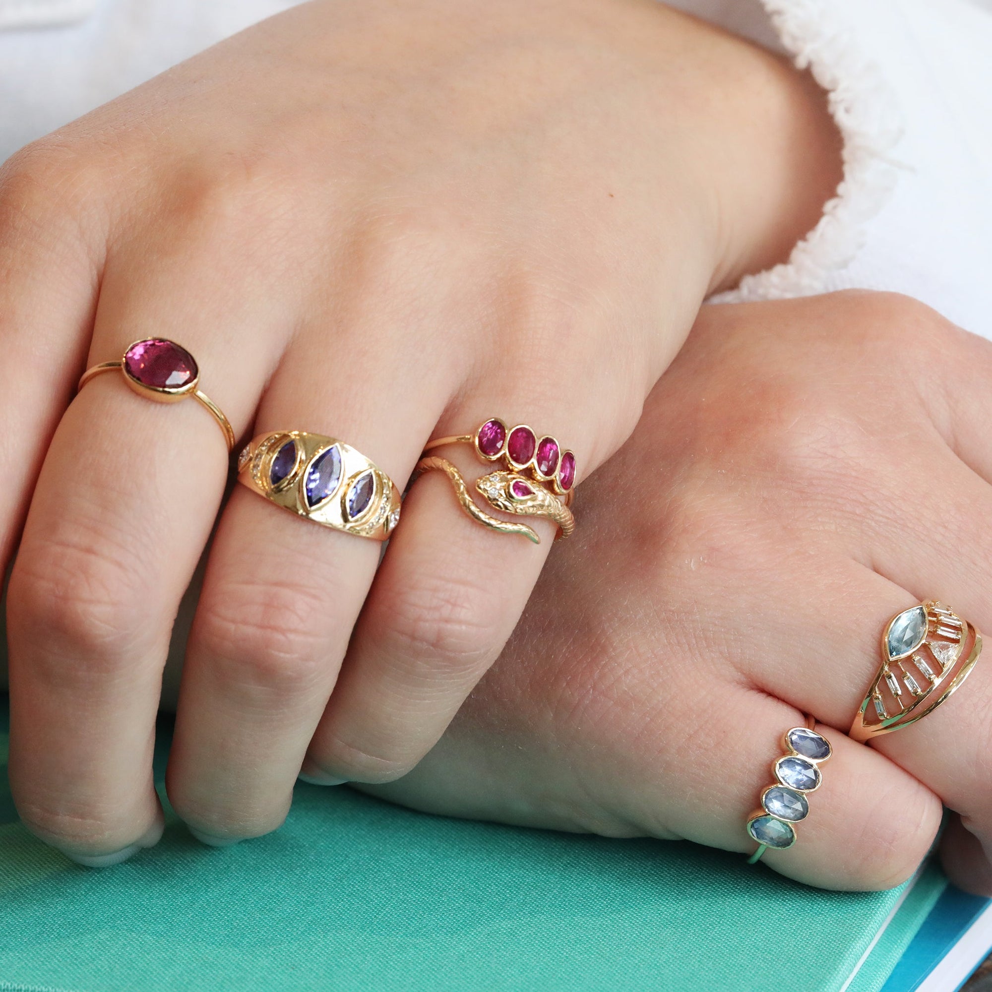 Gold Bezel-Set Four Ruby Ring - Peridot Fine Jewelry - Celine Daoust