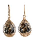 Gold Fill & Teardrop Smoky Quartz Drop Earrings with Taupe Crystal & Seed Beaded Border - Peridot Fine Jewelry - Dana Kellin