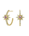 Pink Sapphire Mini Starburst Hoop Earrings with Pave Diamonds - Peridot Fine Jewelry - Zahava