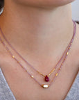Pink Seed Beaded Necklace with Center Ruby Briolette Bead & Gold Vermeil Bead Accents - Peridot Fine Jewelry - Debbie Fisher