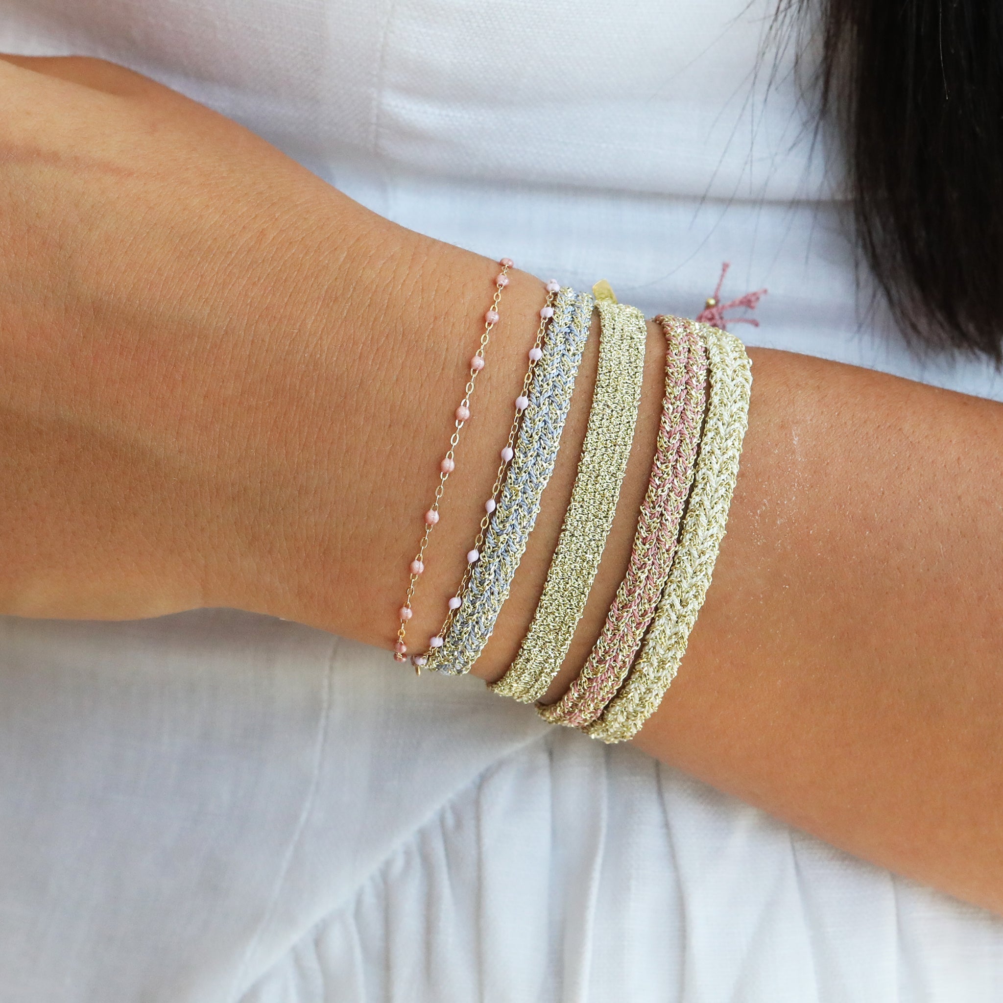 Marie Laure Chamorel Pink Silk and Yellow Gold Vermeil Chain Woven 