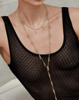Vermeil & "Kaki" Green Silk Woven Multi Twist Tie Lariat Necklace with Mini Chain Tassel Stations - Peridot Fine Jewelry - Marie Laure Chamorel