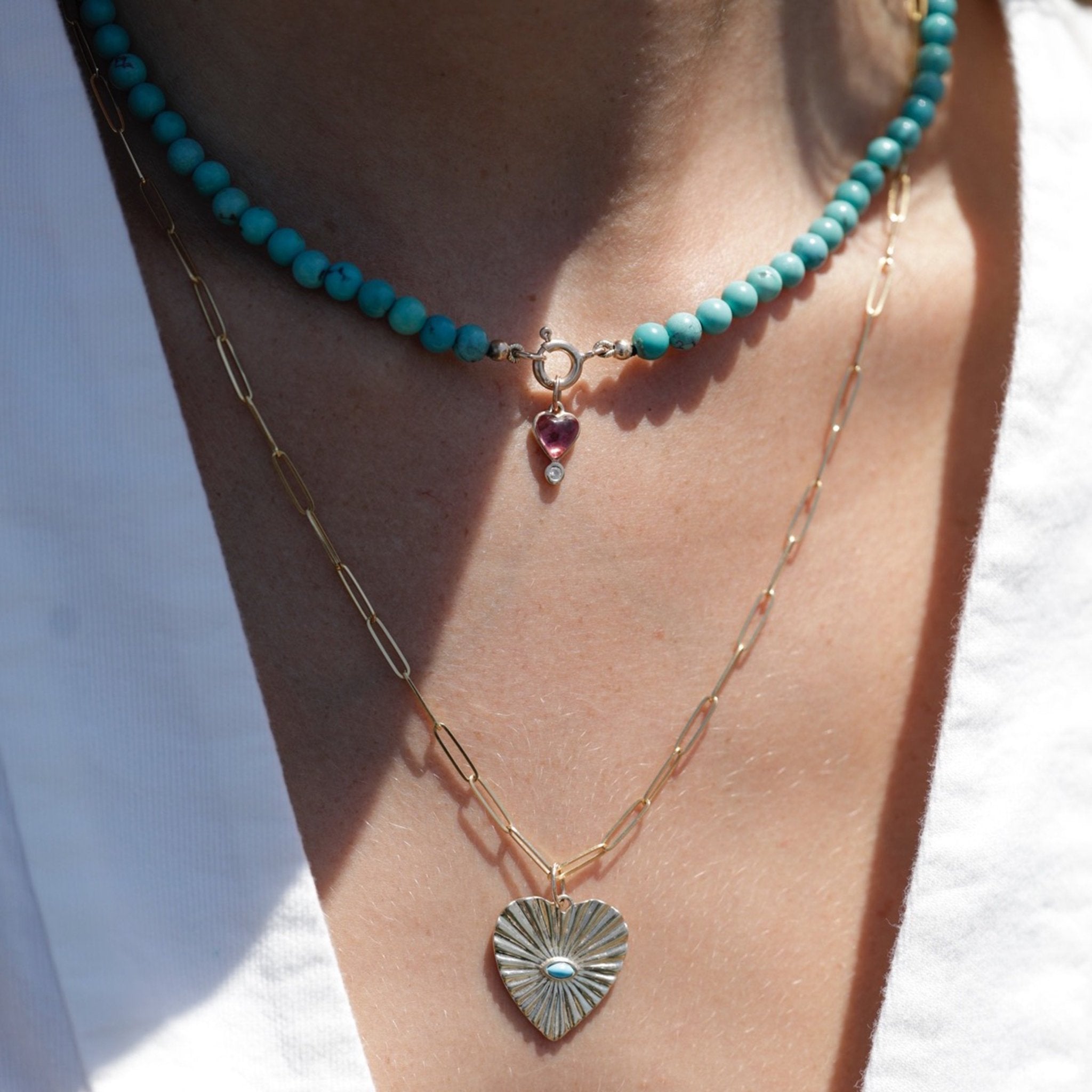 10K Gold Large Textured Heart Pendant with Turquoise - Peridot Fine Jewelry - Zahava