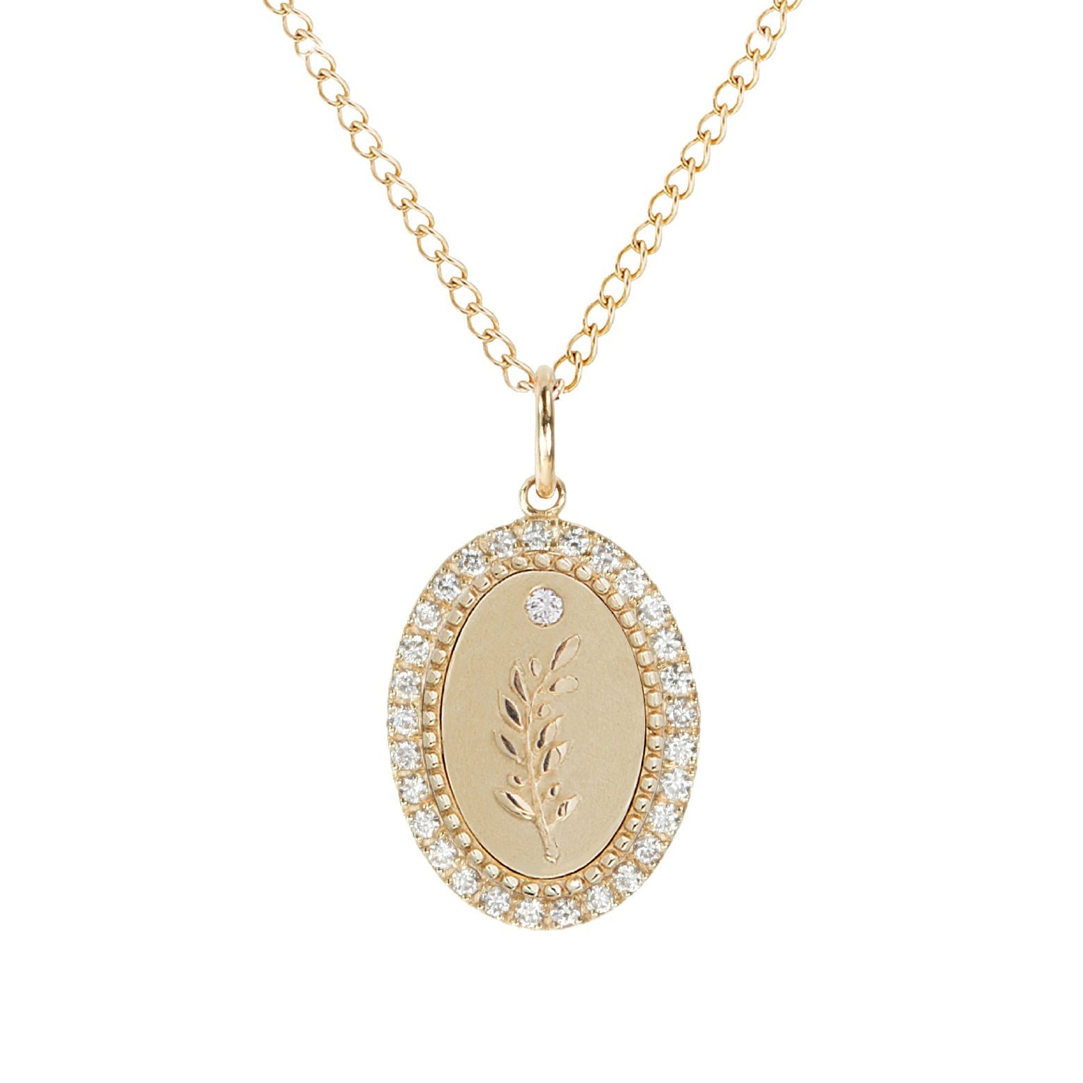 10K Gold Small Pave Diamond "Olive Branch" Pendant - Peridot Fine Jewelry - Zahava