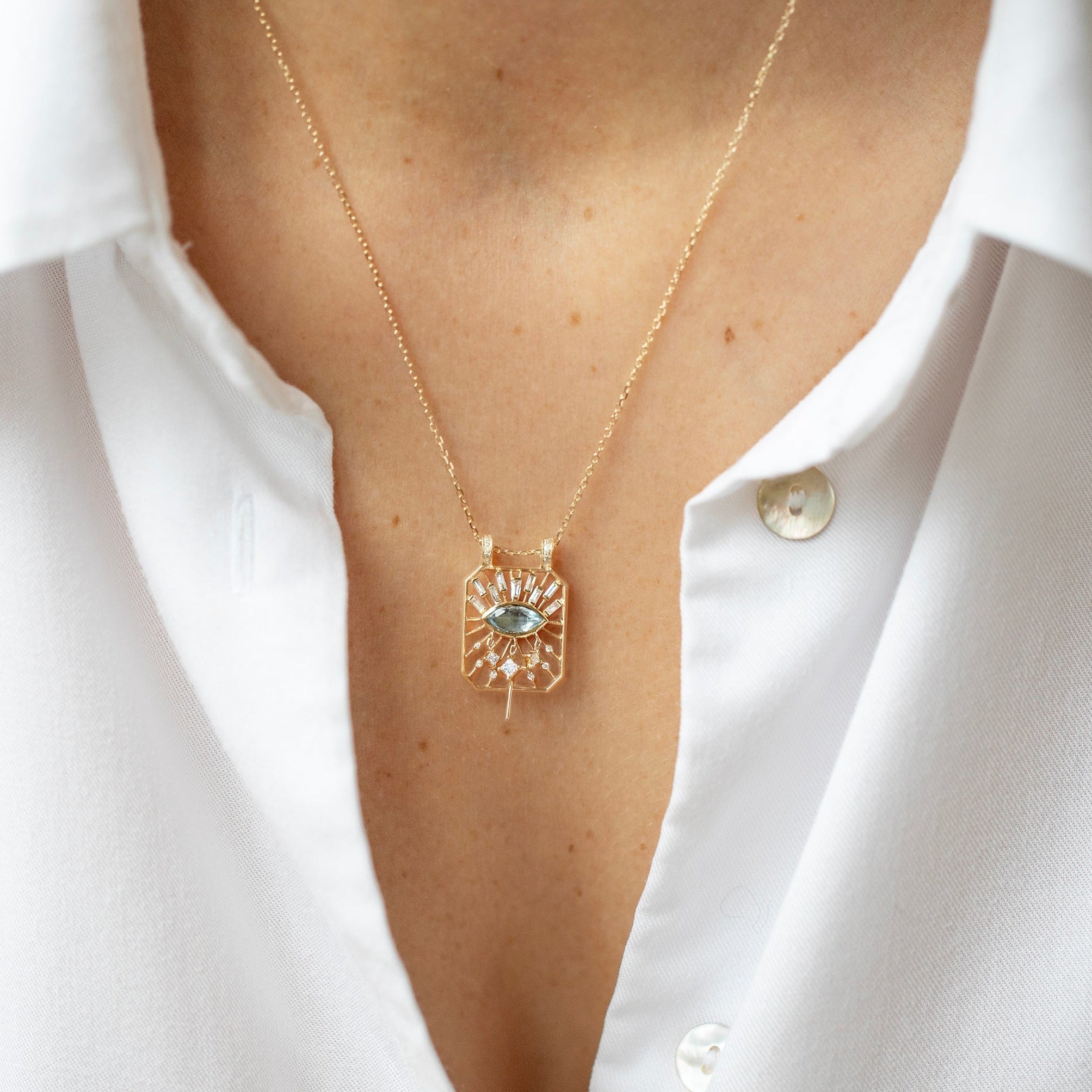 14 Karat Gold "Dream Maker" Aquamarine Necklace with Diamond Fringe - Peridot Fine Jewelry - Celine Daoust