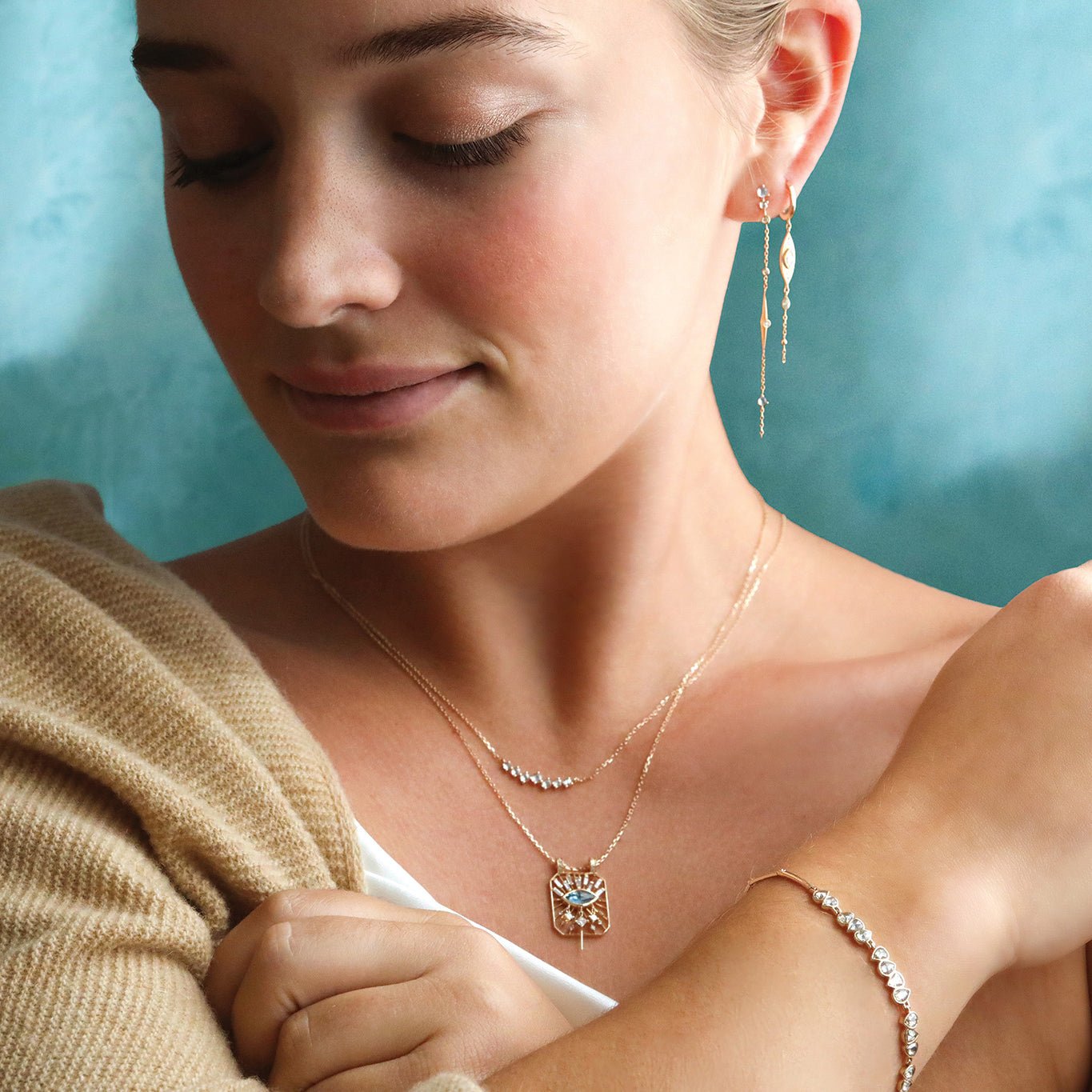 14 Karat Gold "Dream Maker" Aquamarine Necklace with Diamond Fringe - Peridot Fine Jewelry - Celine Daoust