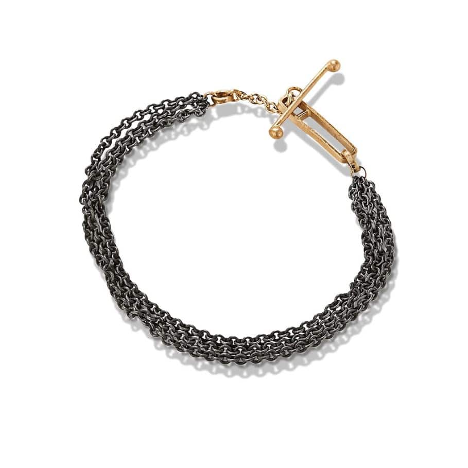 14 Karat Yellow Gold HandmadeToggle Clasp "Friendship" Bracelet with Oxidized Silver Chain - Peridot Fine Jewelry - Sarah Macfadden