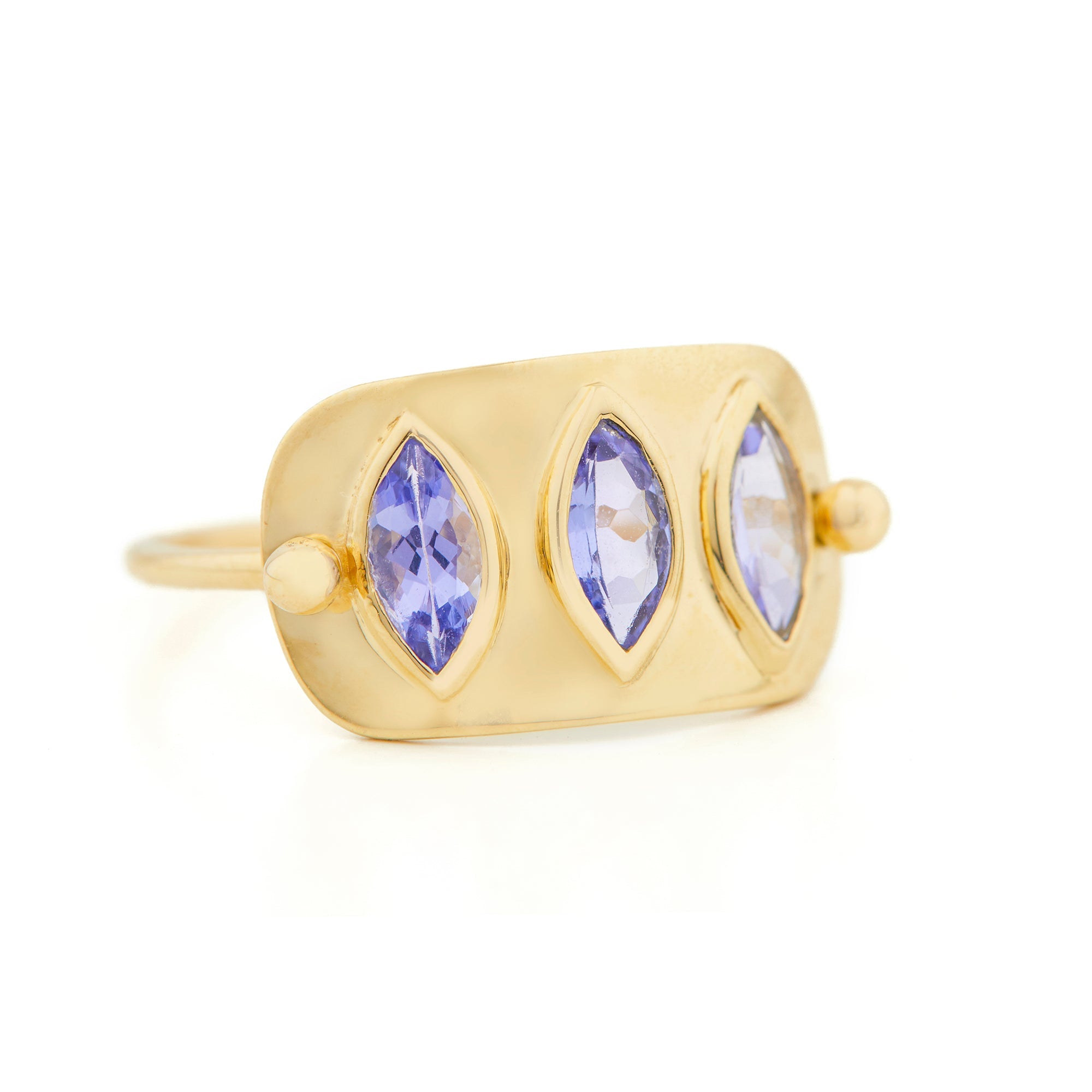 14 Karat Yellow Gold High Polish "Plate" Ring with Tanzanite Marquise - Peridot Fine Jewelry - Celine Daoust