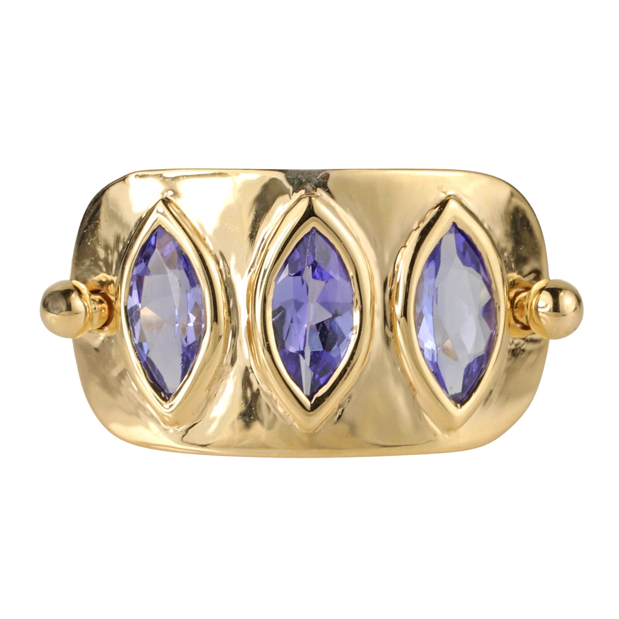 14 Karat Yellow Gold High Polish "Plate" Ring with Tanzanite Marquise - Peridot Fine Jewelry - Celine Daoust