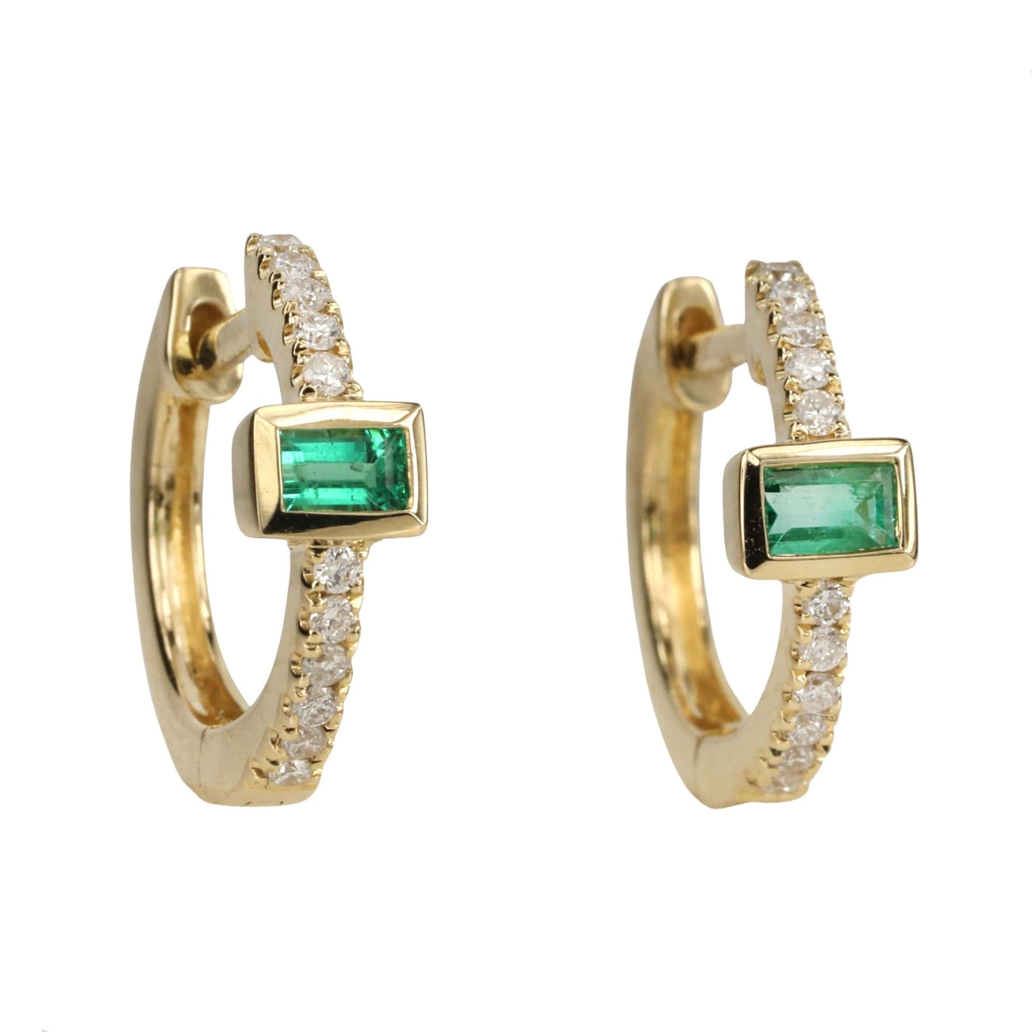 14K Baguette Emerald and Pave Diamond Huggie Hoop - Peridot Fine Jewelry - Jacquie Aiche