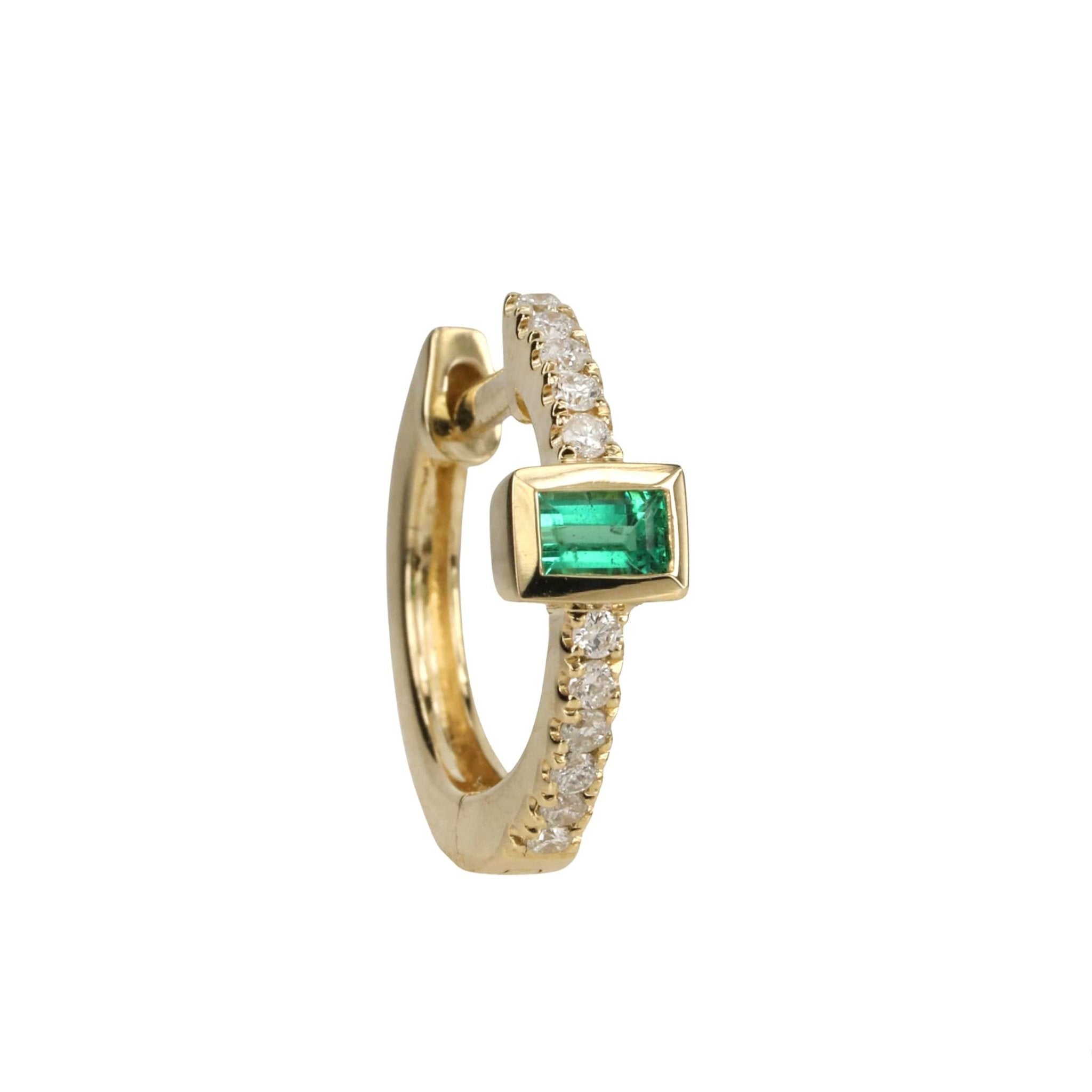 14K Baguette Emerald and Pave Diamond Huggie Hoop - Peridot Fine Jewelry - Jacquie Aiche