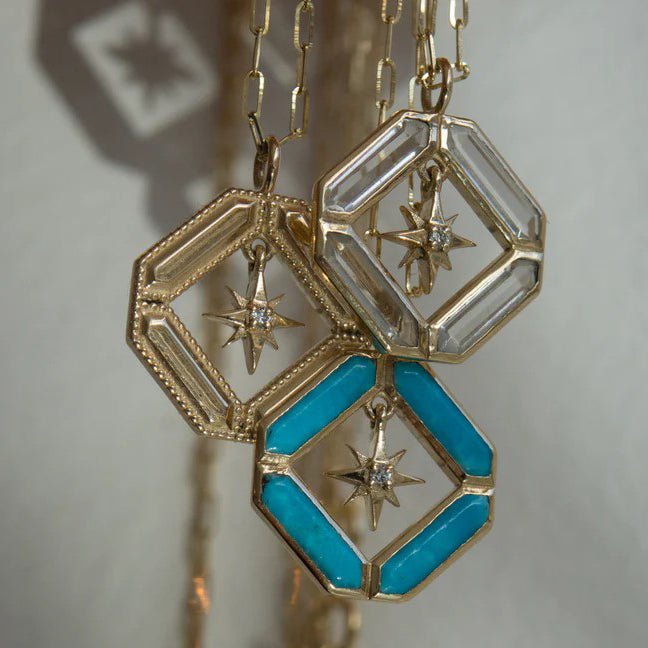 14K Gold "Astra Journey" Square Quartz Necklace with Diamond Star Center - Peridot Fine Jewelry - Metier by Tomfoolery
