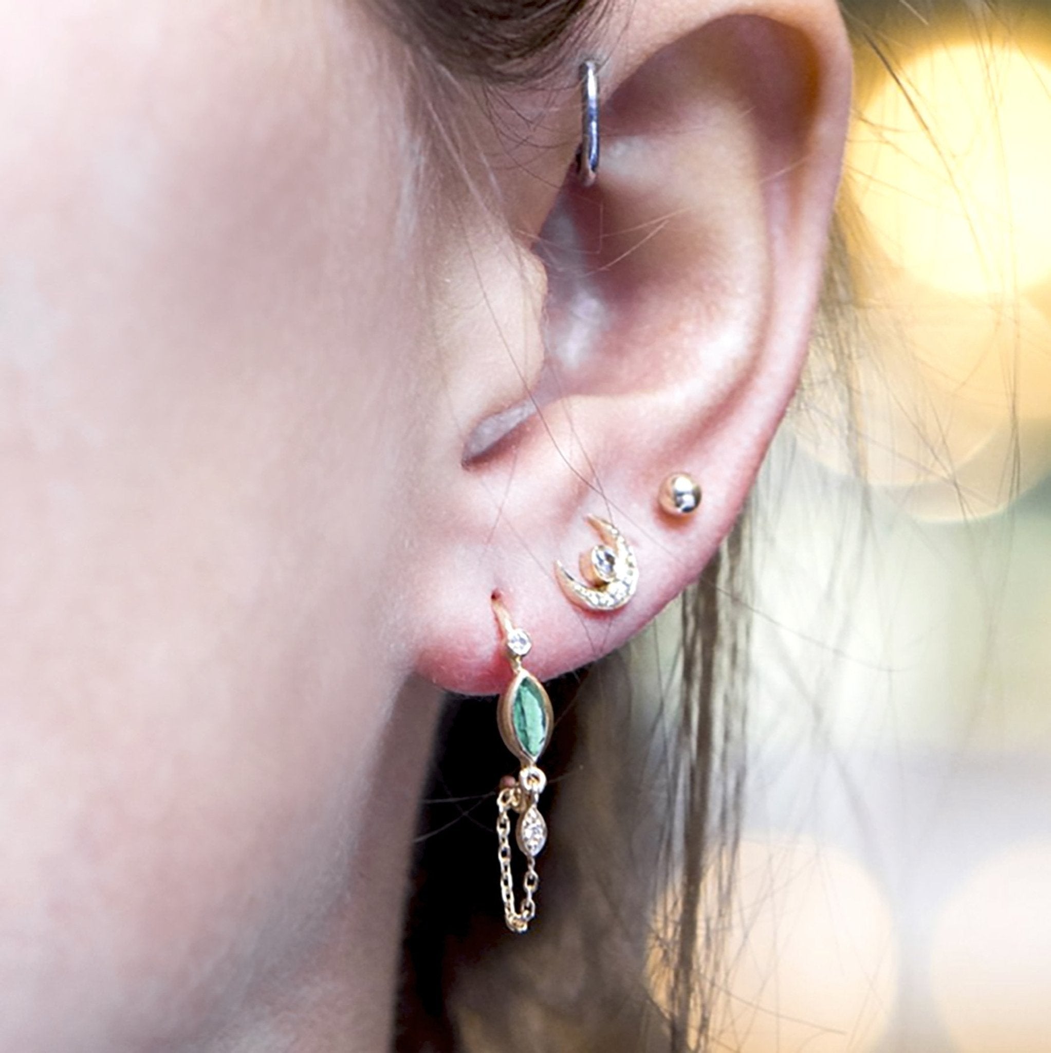 14K Gold Bezel-Set Marquise Emerald Hoop Earrings with Chain Drop - Peridot Fine Jewelry - Celine Daoust
