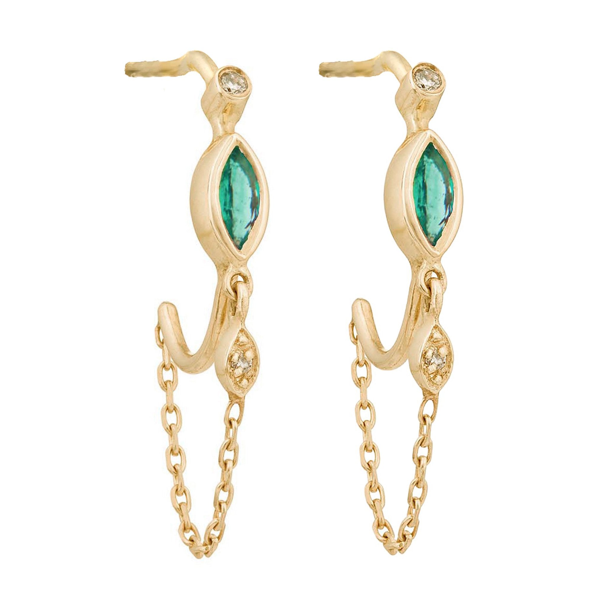 14K Gold Bezel-Set Marquise Emerald Hoop Earrings with Chain Drop - Peridot Fine Jewelry - Celine Daoust