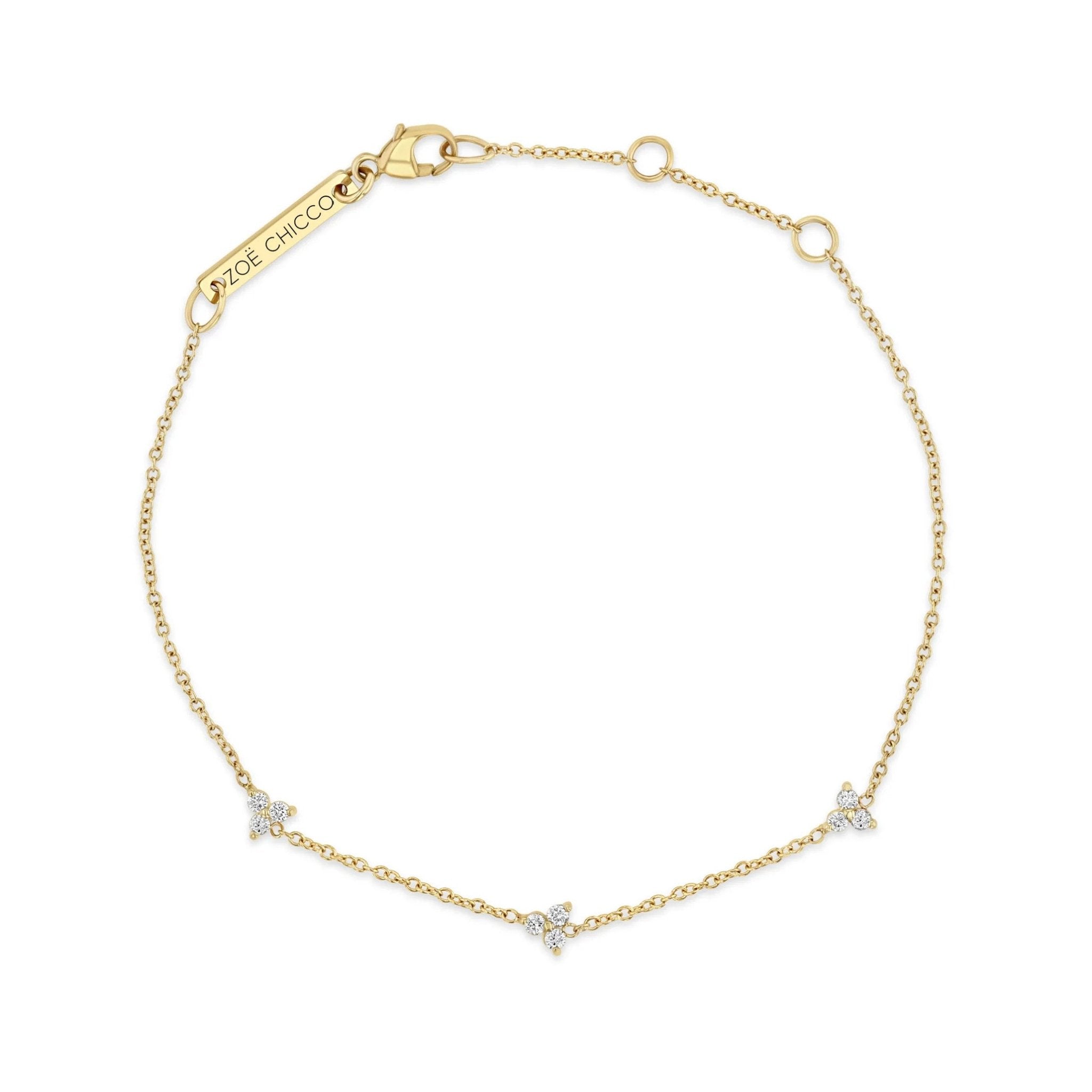 14K Gold Bracelet with Three Prong-Set Diamond Trio Stations - Peridot Fine Jewelry - Zoe Chicco