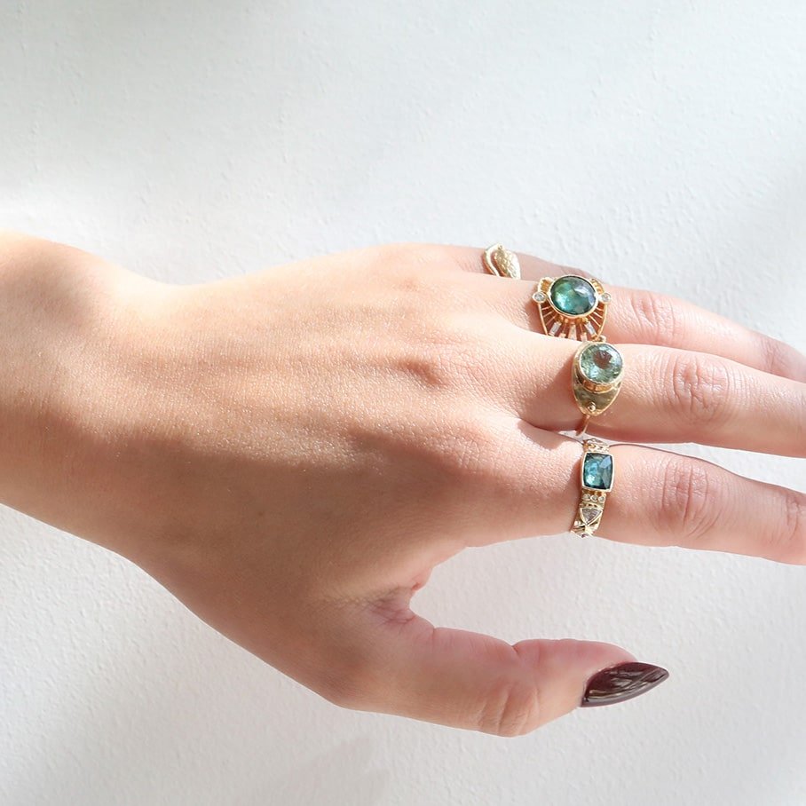 14K Gold Cutout "Eye Plate" Ring with Blue-Green Tourmaline & Baguette Diamonds - Peridot Fine Jewelry - Celine Daoust