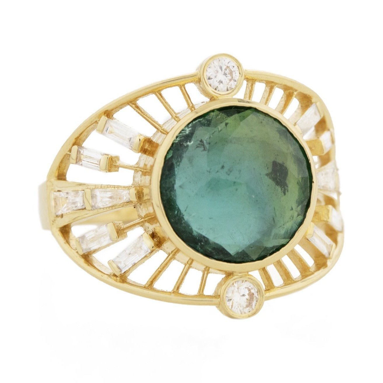 14K Gold Cutout "Eye Plate" Ring with Blue-Green Tourmaline & Baguette Diamonds - Peridot Fine Jewelry - Celine Daoust