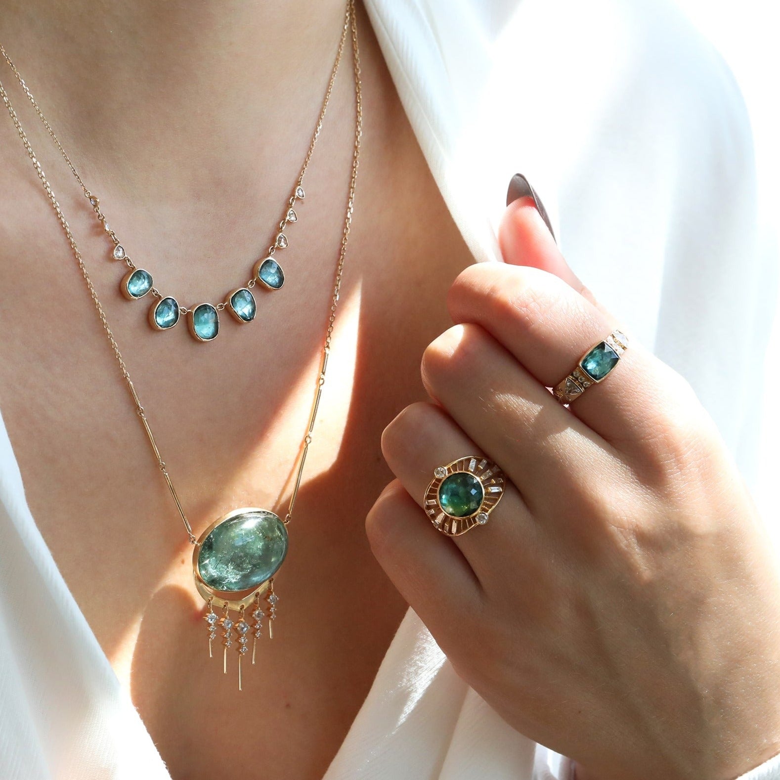 14K Gold Cutout "Eye Plate" Ring with Blue-Green Tourmaline & Baguette Diamonds - Peridot Fine Jewelry - Celine Daoust