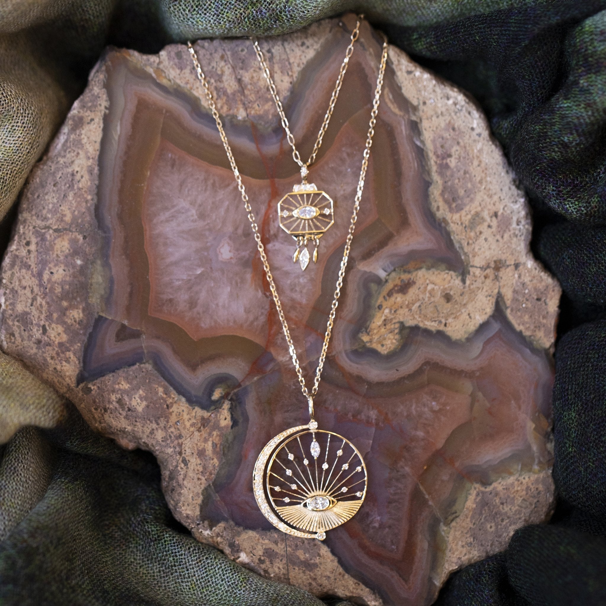 14K Gold "Dream Maker" Necklace with Pave Diamond Crescent - Peridot Fine Jewelry - Celine Daoust