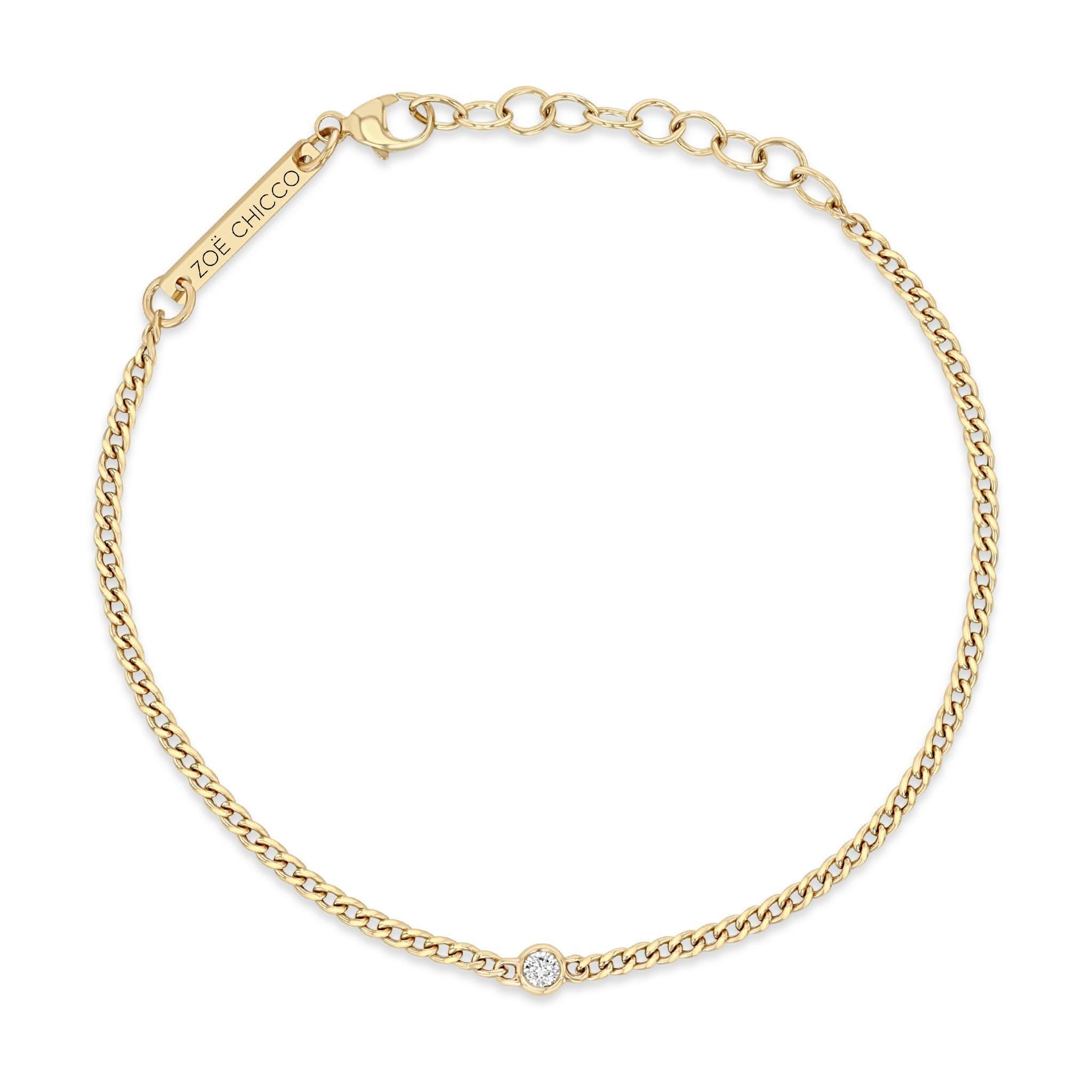 14K Gold Extra Small Curb Chain Bracelet with Single Diamond - Peridot Fine Jewelry - Zoe Chicco