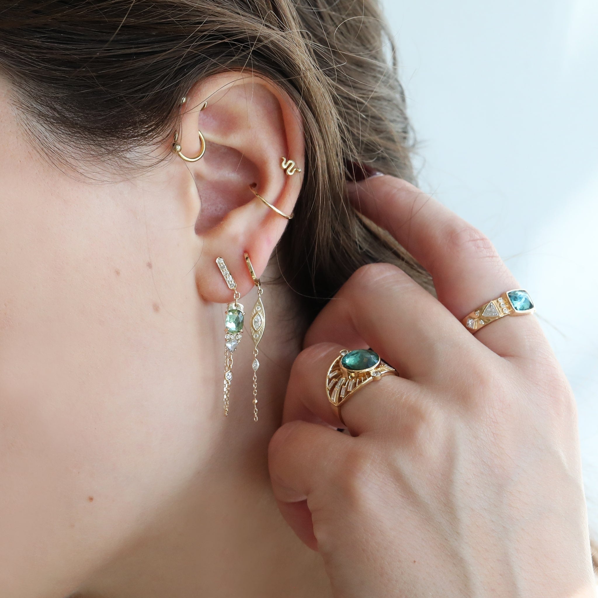 14K Gold Front-to-Back Chain Earrings with Rosecut Green Tourmalines - Peridot Fine Jewelry - Celine Daoust