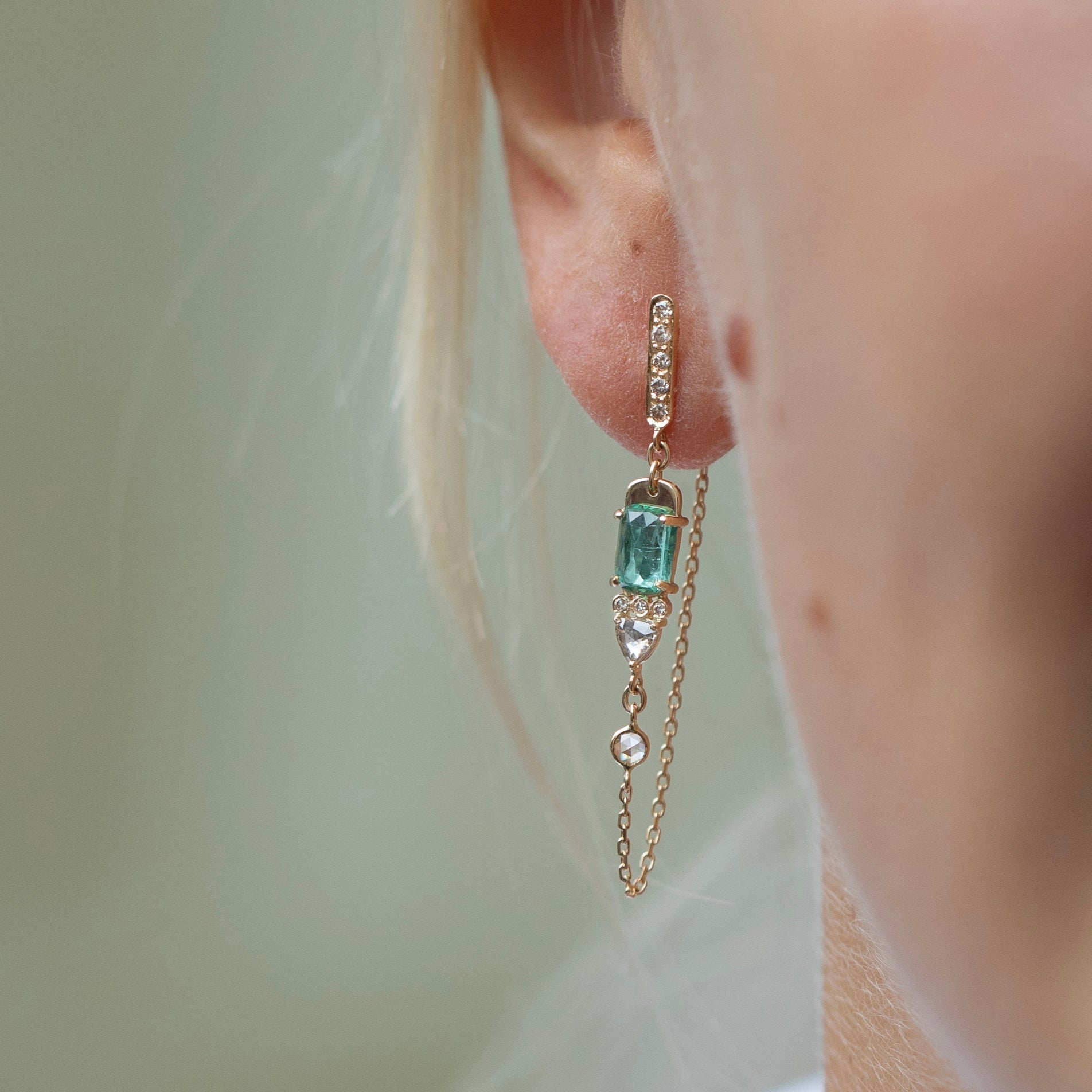 14K Gold Front-to-Back Chain Earrings with Rosecut Green Tourmalines - Peridot Fine Jewelry - Celine Daoust