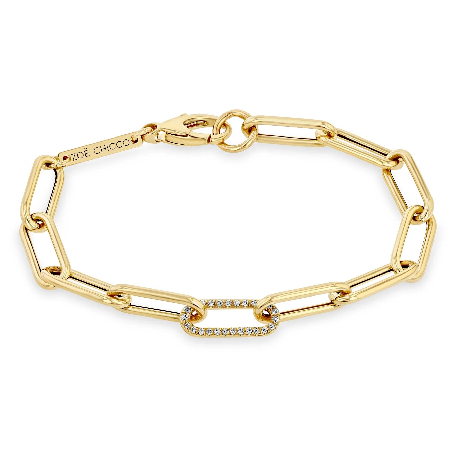 14K Gold Large Paperclip Chain Bracelet with Single Pave Diamond Link - Peridot Fine Jewelry - Zoe Chicco