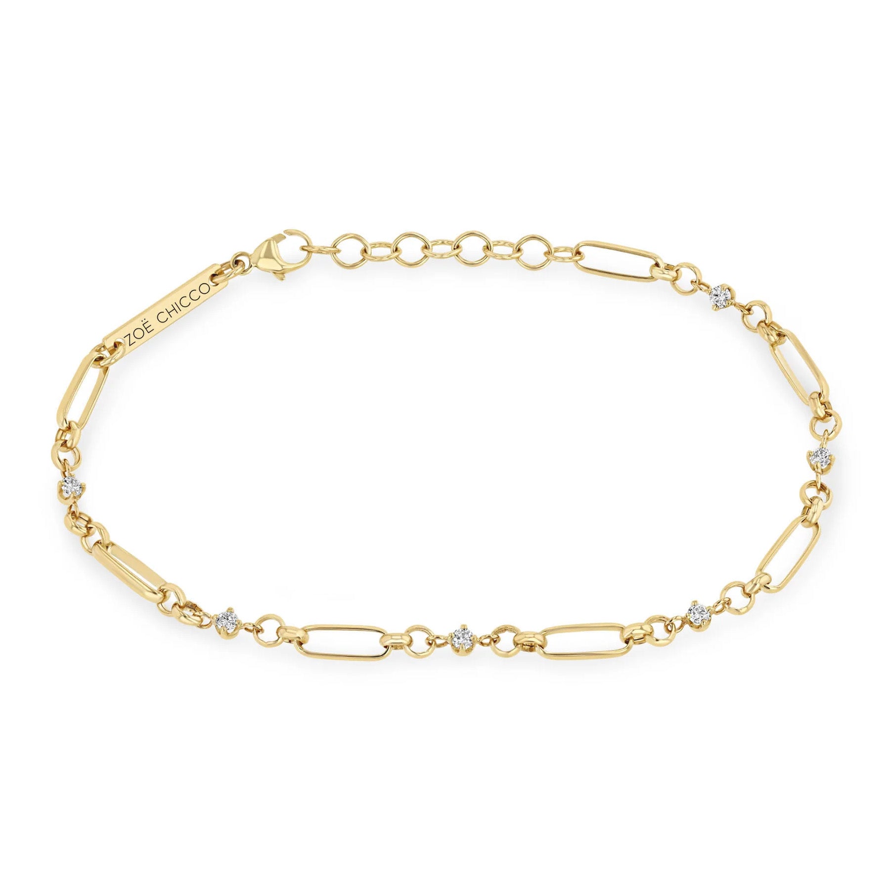 14K Gold Mixed Paperclip and Rolo Chain Bracelet with Six Diamonds - Peridot Fine Jewelry - Zoe Chicco