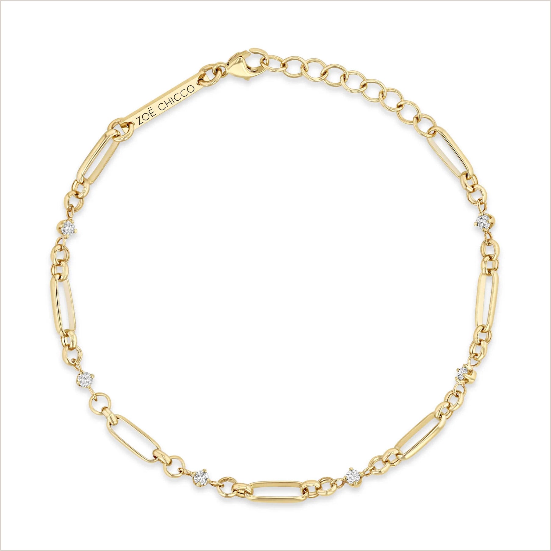 14K Gold Mixed Paperclip and Rolo Chain Bracelet with Six Diamonds - Peridot Fine Jewelry - Zoe Chicco