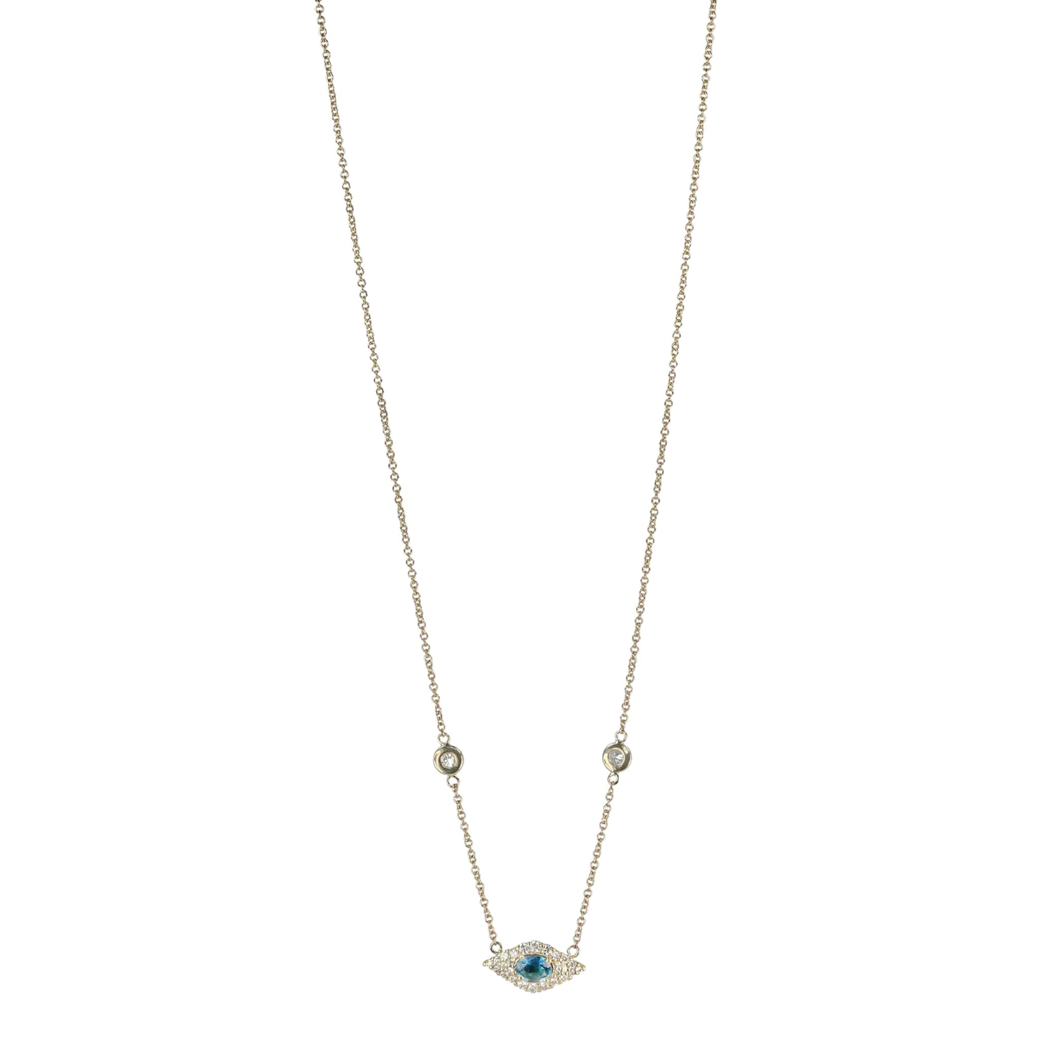 14K Gold Oval Teal Kyanite & Pave Diamond Marquise Eye Necklace with Diamonds - Peridot Fine Jewelry - Jacquie Aiche