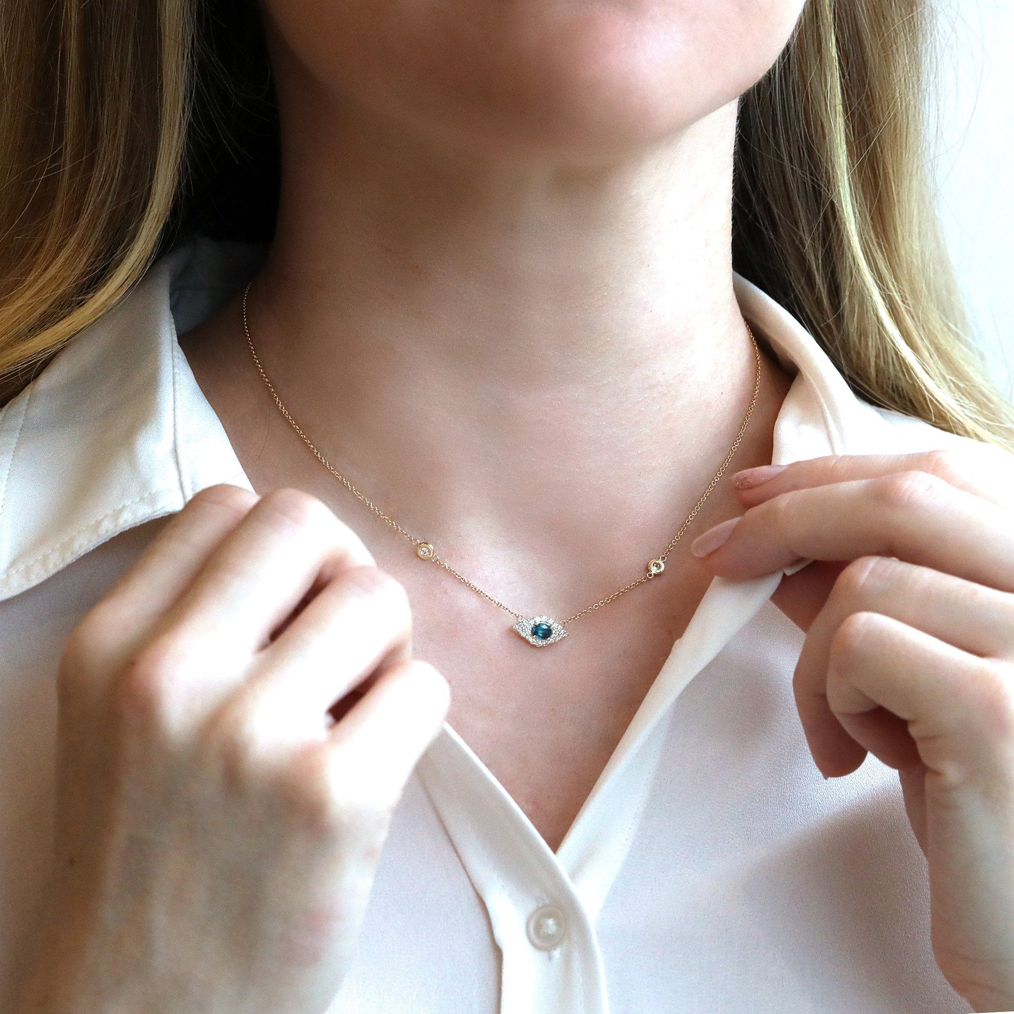 14K Gold Oval Teal Kyanite & Pave Diamond Marquise Eye Necklace with Diamonds - Peridot Fine Jewelry - Jacquie Aiche